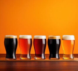 Assortment of craft beers in glasses against an orange background.