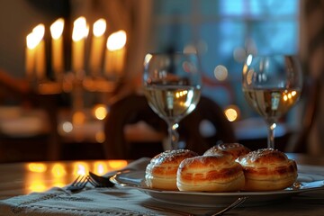 Cozy candlelit dinner setting with wine and pastries