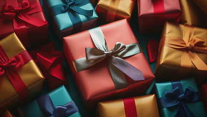  colorful christmas gifts with ribbons on a surface.