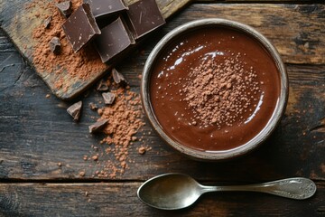 dessert styling, a rustic table setting with a bowl of chocolate pudding, cocoa powder, a spoon, and space for text