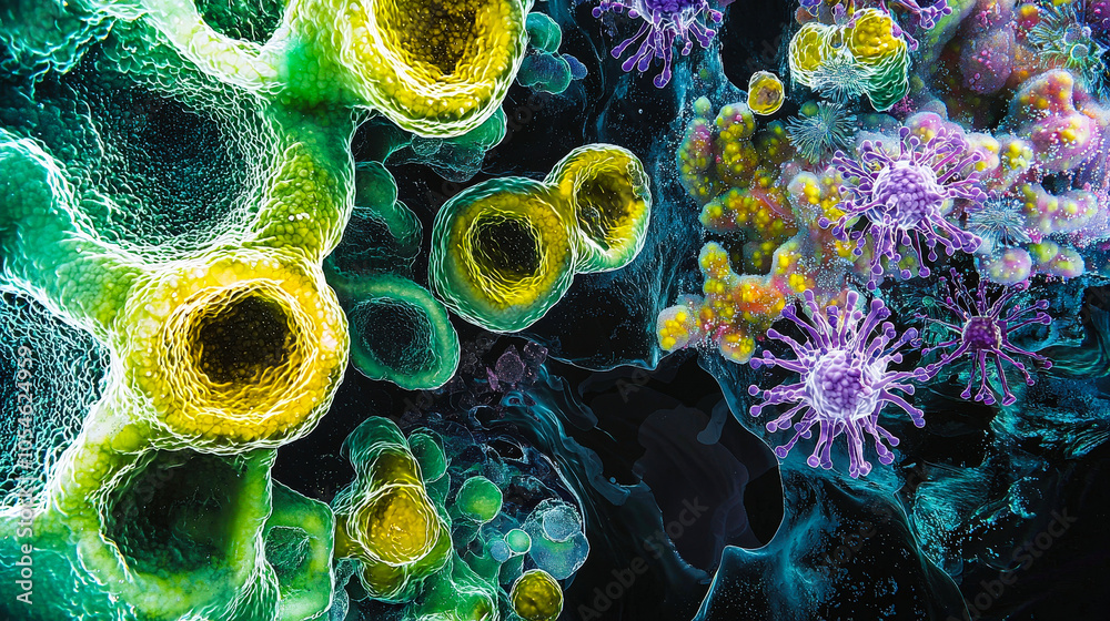 Poster The intricate details of cellular structures and viruses highlight their dynamic interactions under magnification