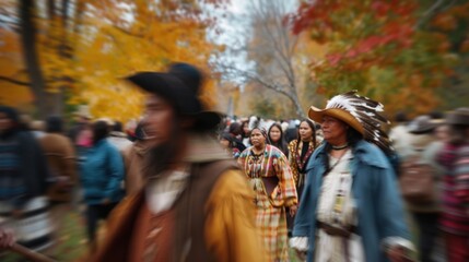 Obraz premium Muddled view of pilgrims and Native Americans at a Thanksgiving reenactment.