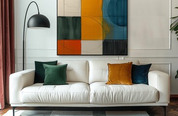 Abstract Art Painting Above White Leather Sofa in Modern Living Room with Colorful Geometric Wall and Green Velvet Pillows