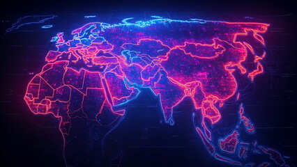 map of asia highlighted on neon light