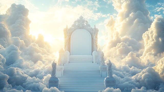 majestic white throne in the heaven surrounded by white clouds