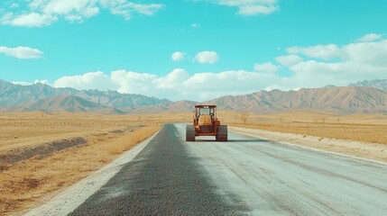 Yellow Loader on Open Road Under Blue Sky
