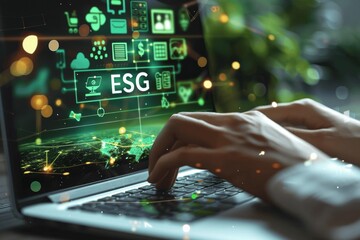 Sustainable Investing for ESG: Woman on Laptop with Green Icons and Text on Screen for Environmental and Social Governance Business Strategy
