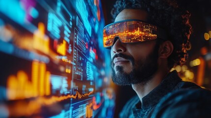 Young Hispanic man experiences augmented reality in a futuristic environment at night