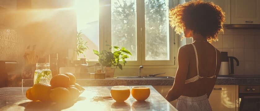 A woman gazes out of a sunlit kitchen window filled with fresh fruits.