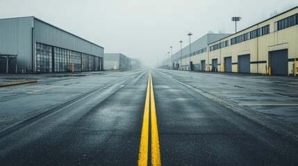Empty Roadway in Industrial Area on Foggy Day