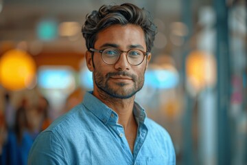 Fototapeta premium Professional Young Indian Businessman with Glasses Standing in Modern Office Holding iPad