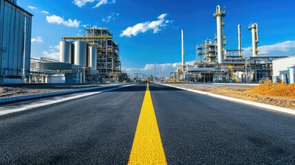 Naklejka premium Industrial Roadway with Refineries Under Blue Sky