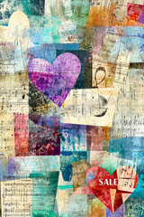 Obraz premium A vibrant collage features a mix of colorful patches with musical notes and heart shapes, highlighting a sale. The artwork blends various textures and patterns harmoniously