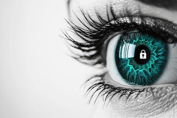 Close-up of eye with turquoise iris and a lock symbol reflective in the pupil.