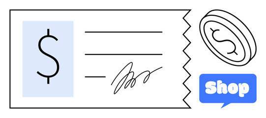 Receipt with a dollar sign, a coin, and a blue shop symbol. Ideal for e-commerce, finance, shopping, retail, and business transactions. Simple, cartoon style
