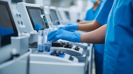 Naklejka premium Laboratory assistants in unifrom working with professional medical analizer at the laboratory.