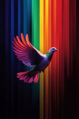 Colorful bird soaring against a vibrant rainbow striped background.