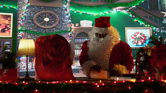 African american Father Christmas decorates boxes of presents with ribbons in his North Pole log workshop, delivering the gifts on x mas eve. Festive season with holiday magic. Camera B.