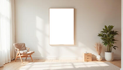 Modern Minimalist Living Room Interior with Empty Frame Mockup, Wooden Chair and Indoor Plants in Natural Sunlight