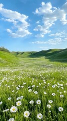 Rolling hills with daisies under a blue sky