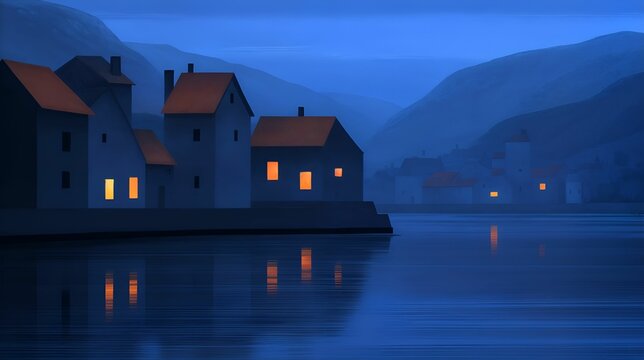 Serene evening view of houses by the water with reflections. - Powered by Adobe