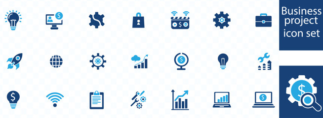 business project  icon set. Containing seminar, sales presentation, keynote, meeting, whiteboard, conference and business plan icons. Solid icon collection vector illustration