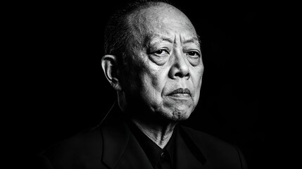 Fototapeta premium Black and white portrait of an elderly Asian man.