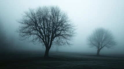 Misty Landscape with Silhouetted Trees at Dusk