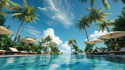 Naklejka premium Serene Poolside Paradise with Palm Trees and Blue Sky