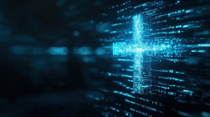 Digital cross symbol in a blue glowing environment with abstract data patterns.