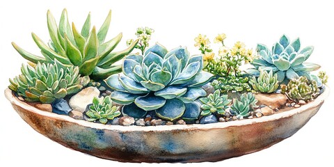 Fototapeta premium Watercolor illustration of a succulent garden in a rustic pot with stones.
