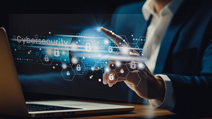 Cyber Security Concept: A professional uses a laptop to manage and monitor cyber security measures, showcasing the critical importance of protecting digital data and systems.