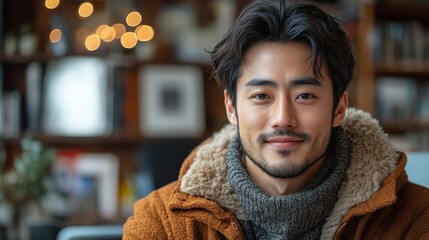 Young Asian man working remotely in a cozy minimalist workspace with warm lighting
