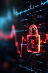Digital lock symbol overlaying heart rate monitor graph in vibrant colors.