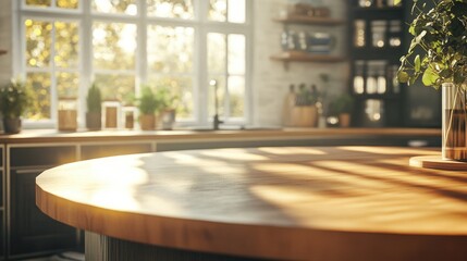 Sunlit Kitchen with Wooden Counter and Greenery