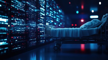 Futuristic hospital room with a bed and high-tech data servers in the background.