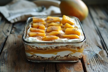 Layered peach dessert on rustic wooden table