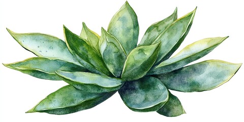 Watercolor painting of a green succulent plant with large leaves.