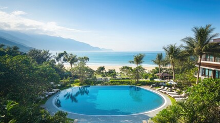 Fototapeta premium Scenic Beach Resort with Infinity Pool and Mountain View