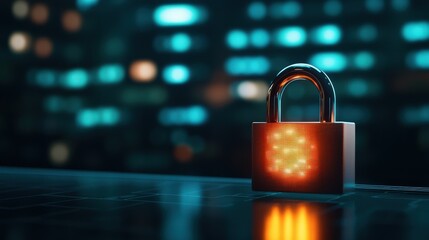 Lock with illuminated design against a blurred digital background.