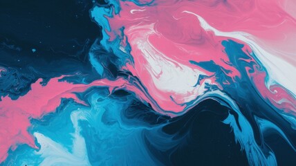 Colorful abstract fluid art with swirls of pink and blue on a dark background.