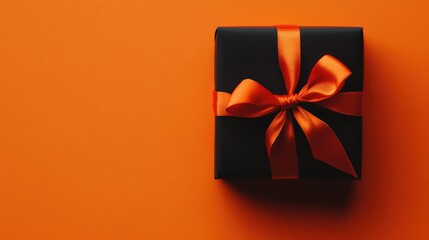 Elegant Black Gift Box with Orange Ribbon on Orange Background