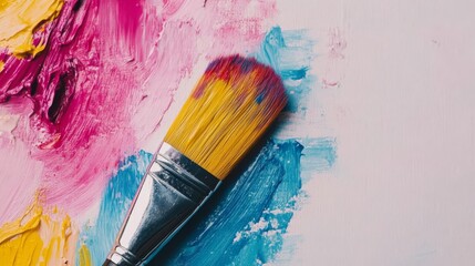 Fototapeta premium Brushstrokes of Creativity: A vibrant artist's brush rests upon a canvas, awash in a palette of bright, swirling paints, ready to bring visions to life.