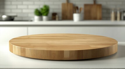Wooden Round Cutting Board on Kitchen Countertop