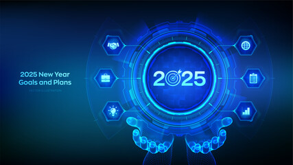 2025 New year Goals and plans icon in wireframe hands. Business plan and strategies. Goal acheiveement and success in 2025. Resolutions, plan, action, checklist concept. Vector illustration.