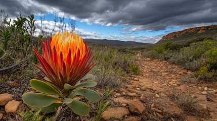 Naklejka premium A vibrant orange and red protea flower blooms in a rocky, mountainous landscape.
