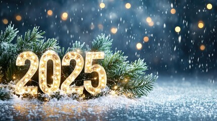 New Year 2025 Celebration with Snow and Lights