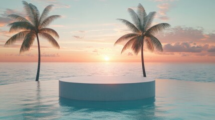 Tranquil Sunset Over Calm Ocean with Palm Trees
