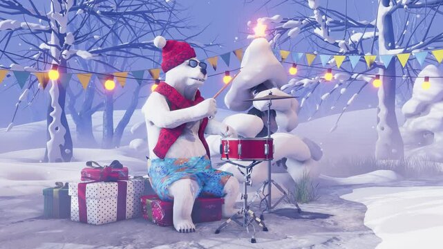 Christmas party: funny polar bear in red hat and scarf playing drums on winter holiday background.
Animated video for greeting cards, holiday events, New Year parties