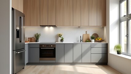 Luxury home kitchen interior with cooking cabinet and kitchenware, fridge